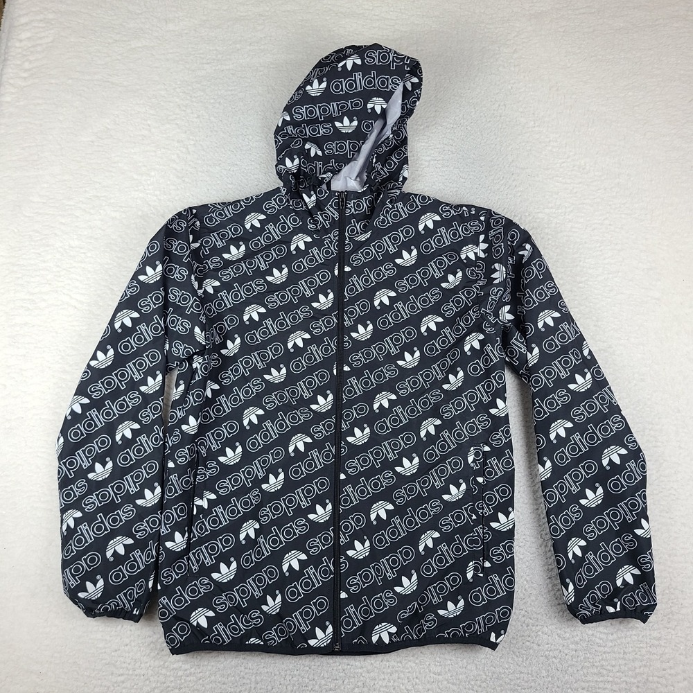 Adidas Hoodie Mens Medium Black All Over Print Full Zip Rain Jacket Windbreaker